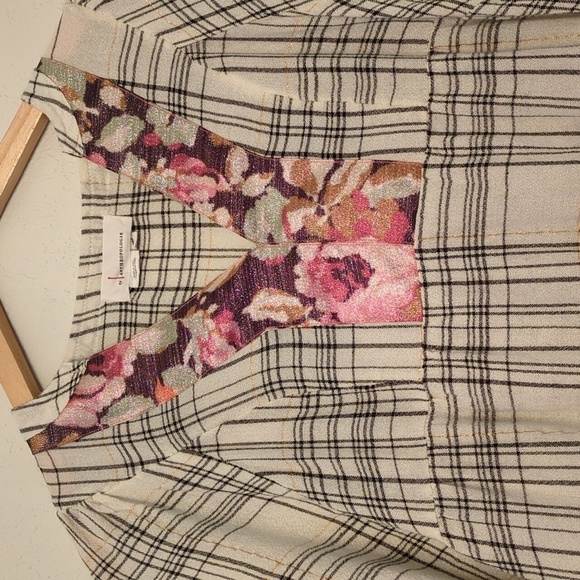 Anthropology Darlene Boho Metallic Thread Plaid Floral V Neckline Tiered Tunic - Picture 5 of 9